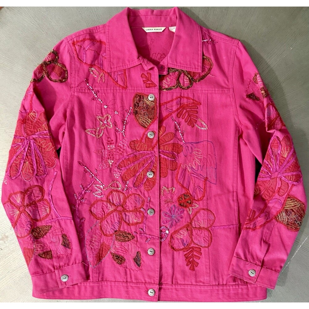 ⁠Laura Ashley Hot Pink Jean Jacket S Embroidered Floral Applique Beaded Trucker⁠